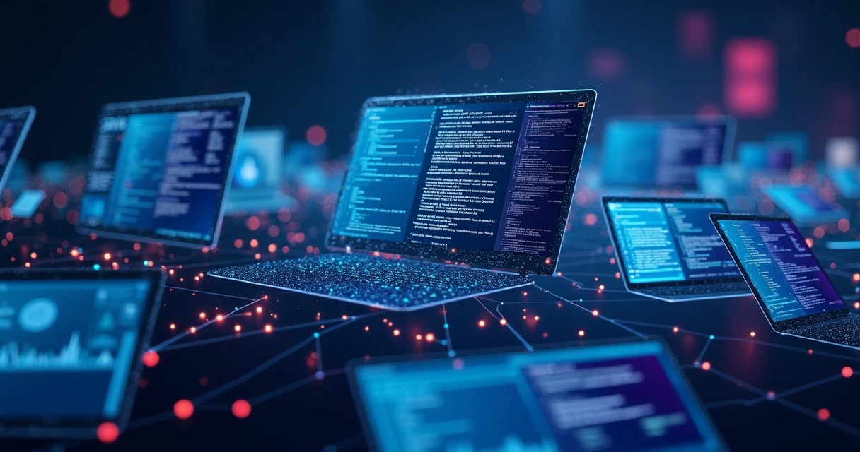 Interfaces de sistemas variados sendo conectadas por linhas digitais em destaque 