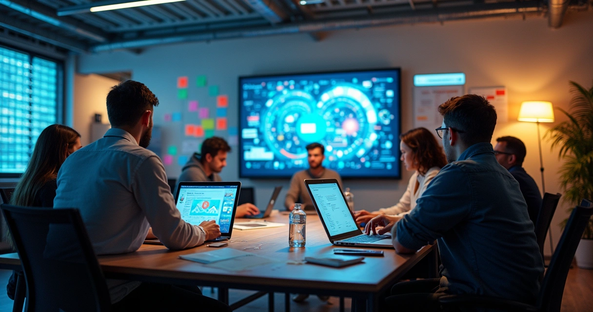 Ambiente de inovação com equipes variadas trabalhando em projetos digitais