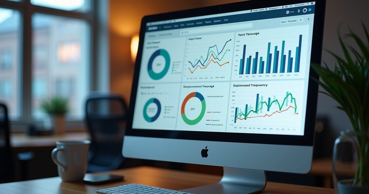 Tela de computador exibindo dashboard de qualidade de software com gráficos de testes 