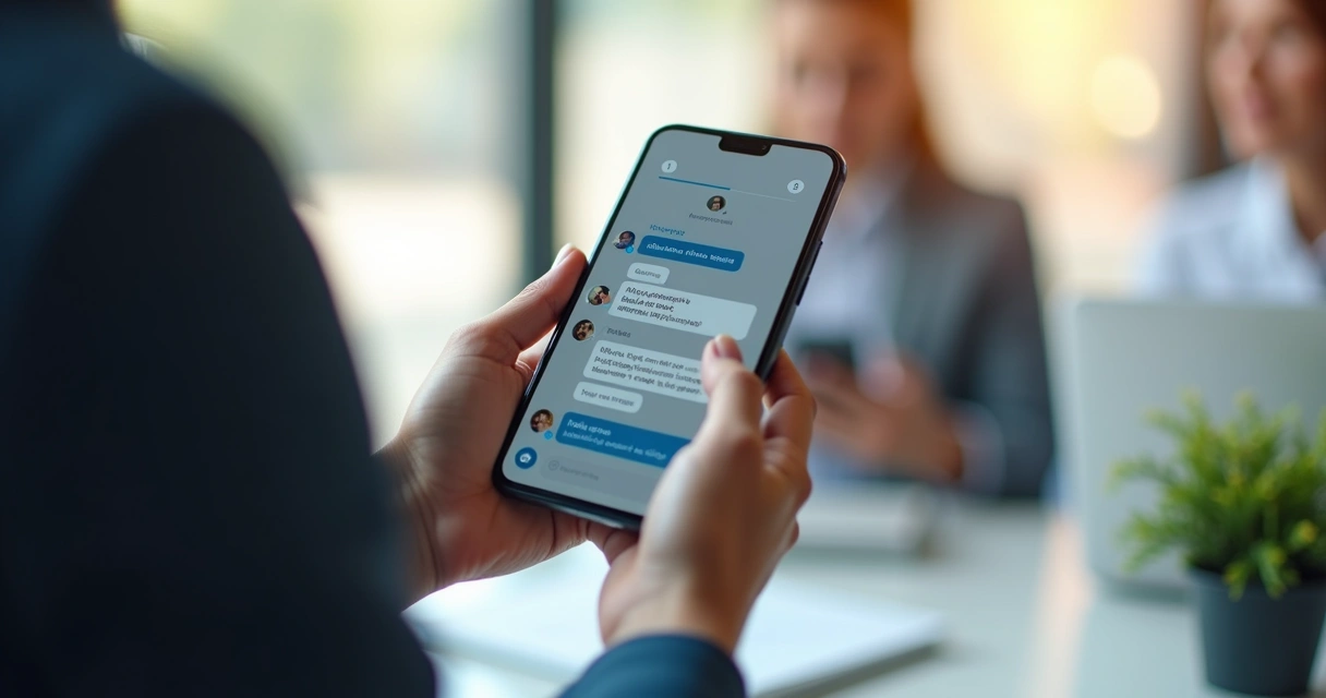 Assistente virtual em tela de celular, interagindo com cliente, ambiente moderno 