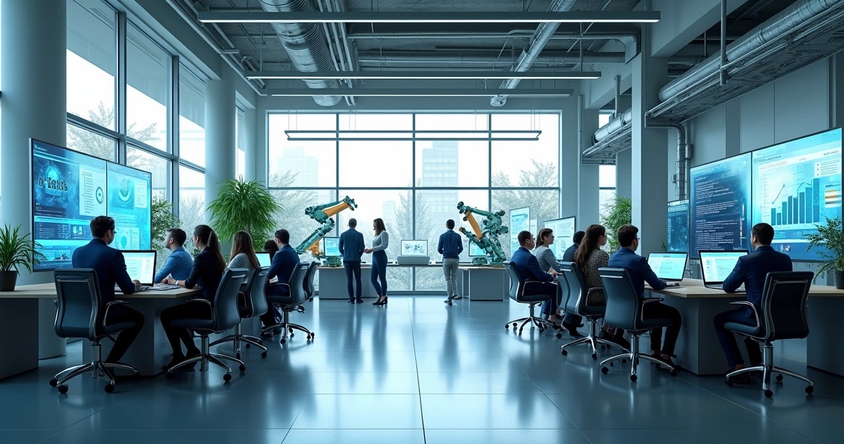 Ambiente corporativo com laboratório de inovação e IA 