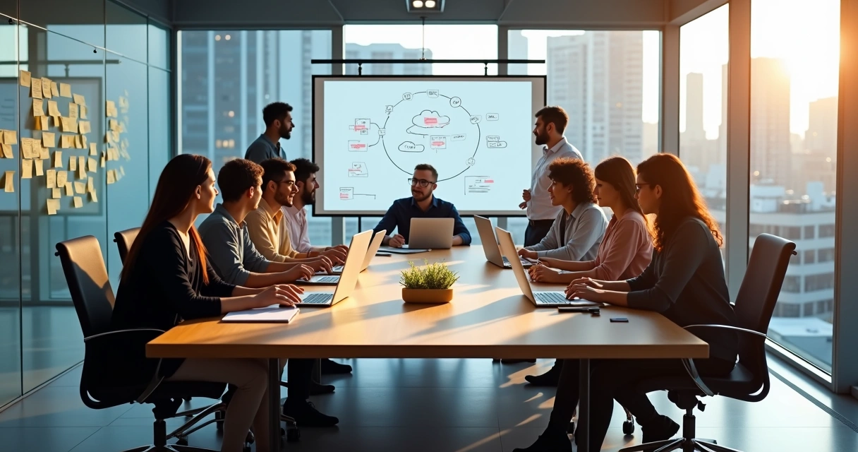 Equipe de startup de tecnologia em discussão na sala de reunião 