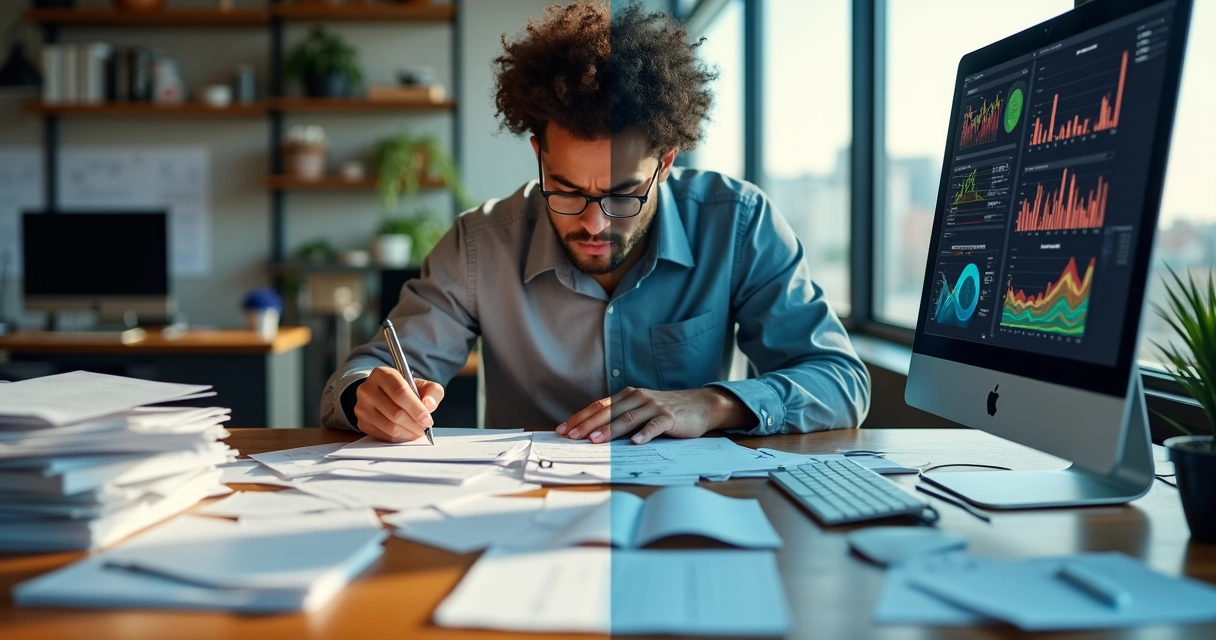 Pessoa digitando em papelada ao lado de computador exibindo gráficos digitais 