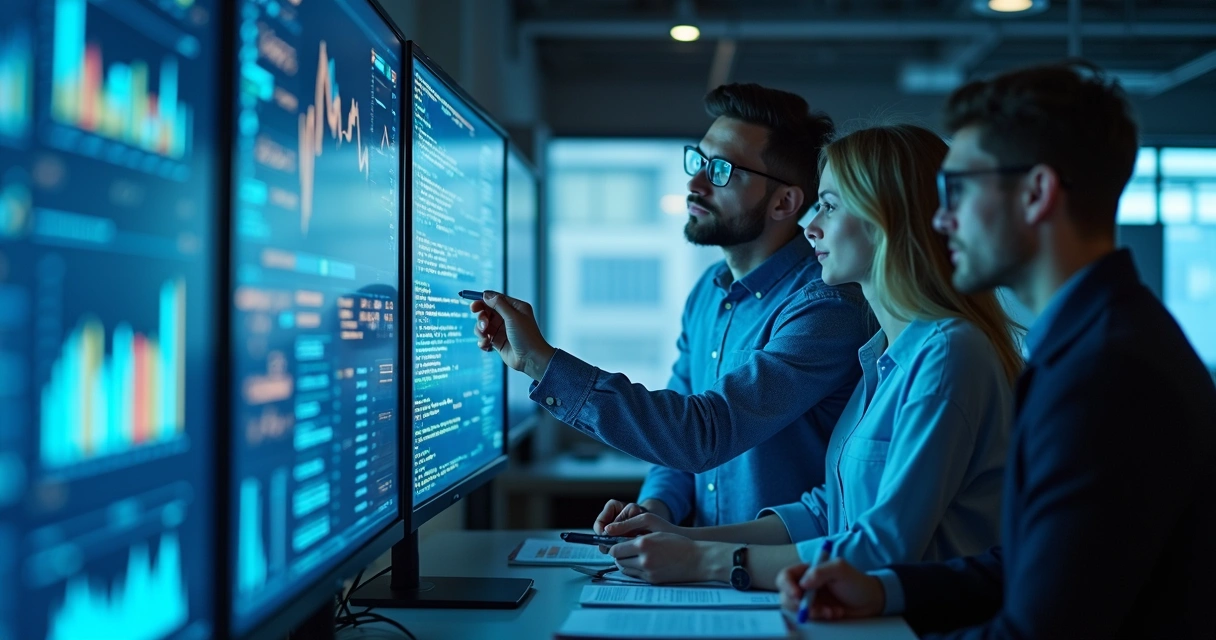 Equipe de tecnologia analisando gráficos e dados em múltiplas telas de computador 