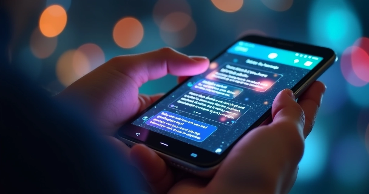Interface de chatbot em tela de celular com balões de conversa e ícones de IA 