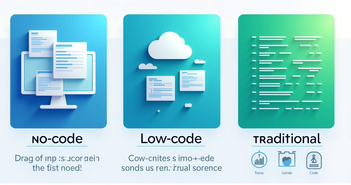Quadro comparativo de no-code, low-code e código tradicional com ícones