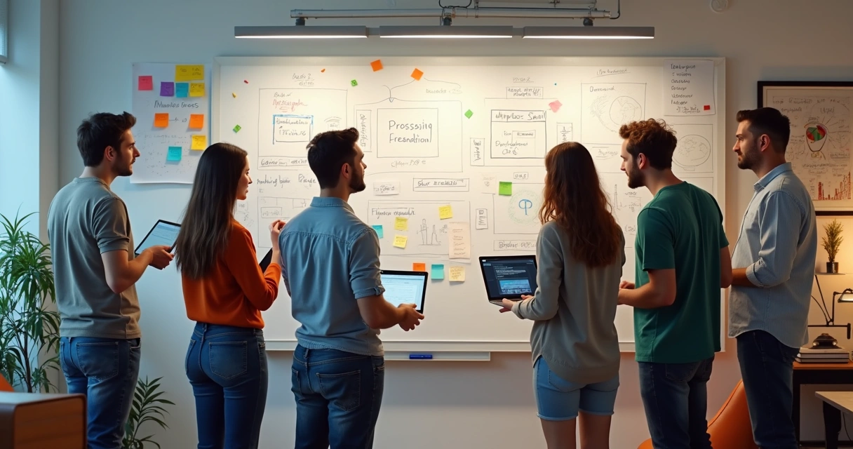 Equipe de desenvolvimento na frente de quadros brancos em ambiente de startup