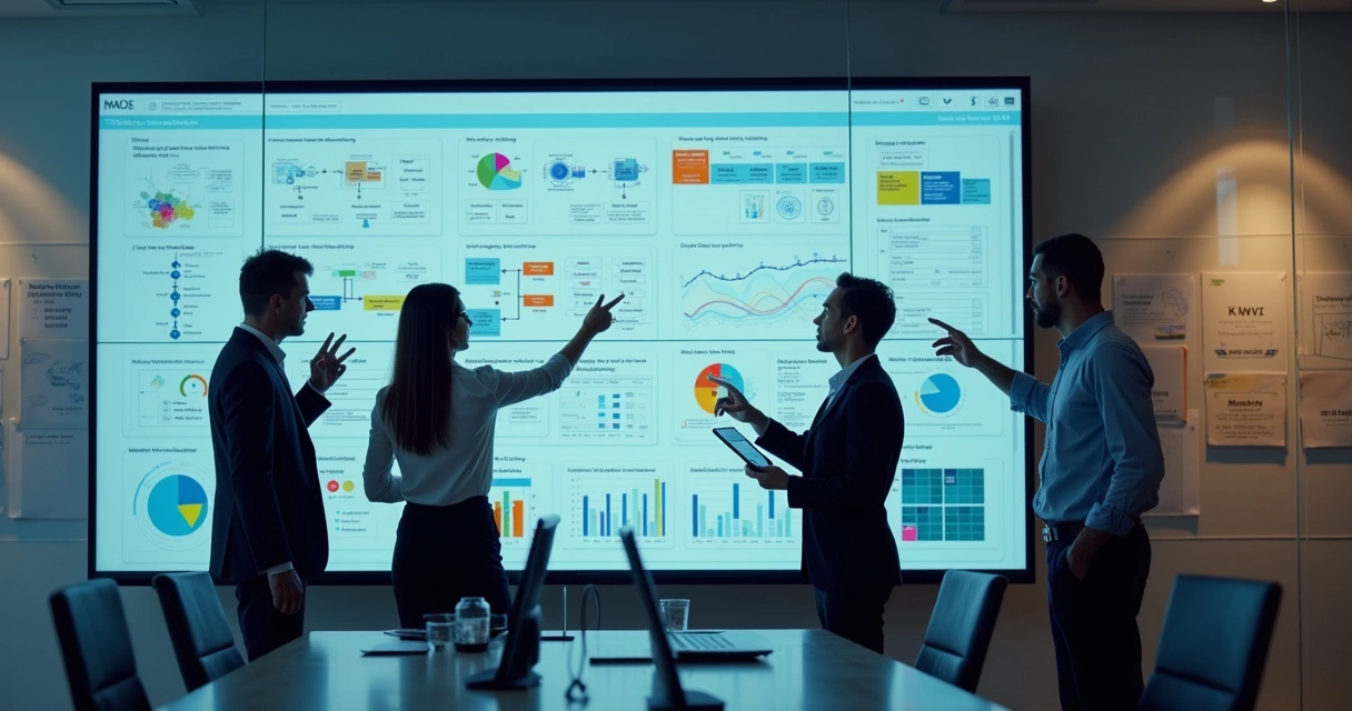 Equipe de consultores analisando processos internos de uma empresa moderna 