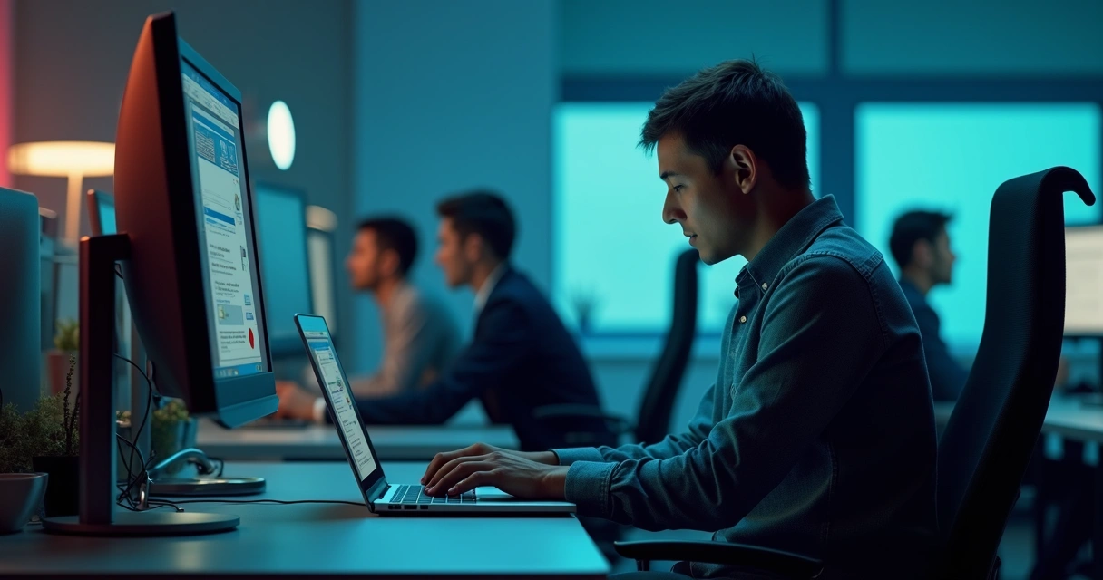 Funcionário usando IA no notebook em ambiente corporativo, com sinais de improviso. 