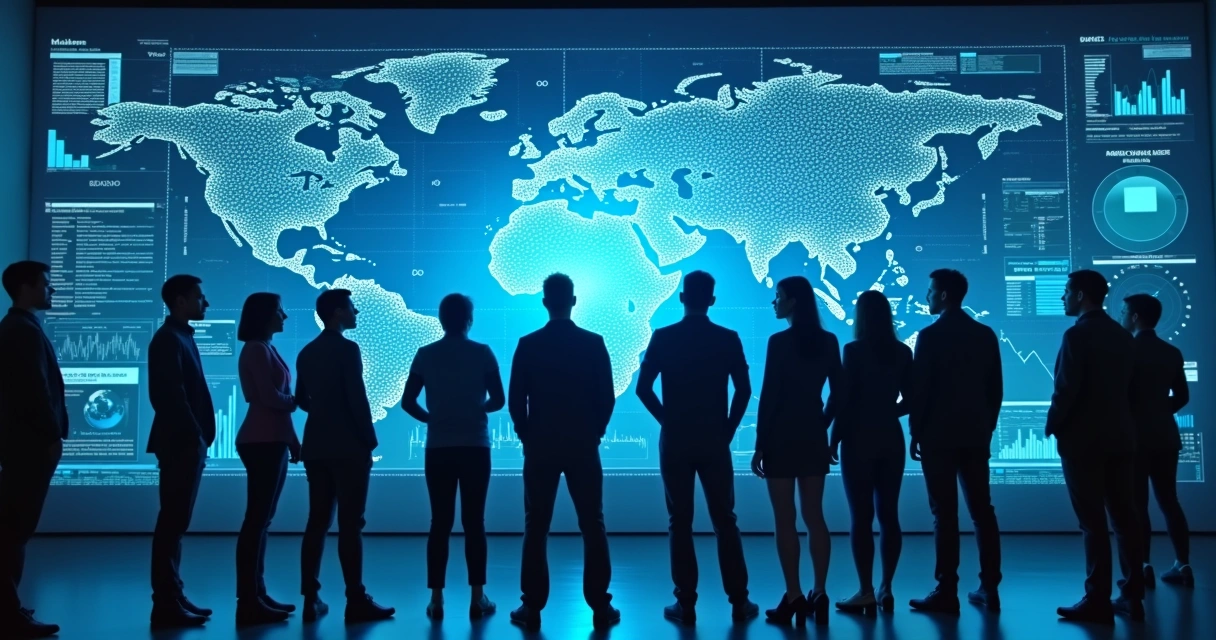 Equipe reunida em frente a tela com gráficos digitais e símbolos de tecnologia 