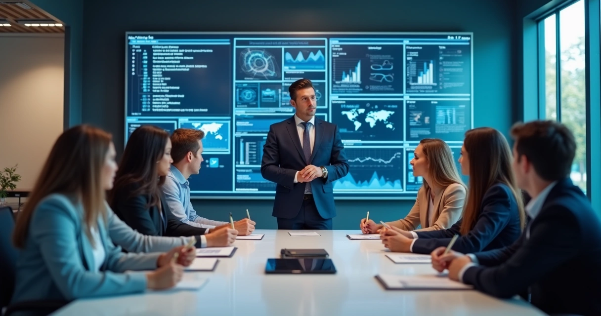 Consultor explica tecnologia para time empresarial 
