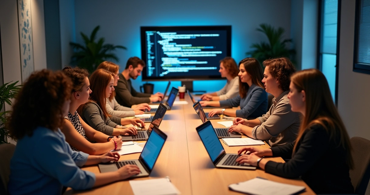 Equipe multidisciplinar de desenvolvimento de aplicativos em reunião 