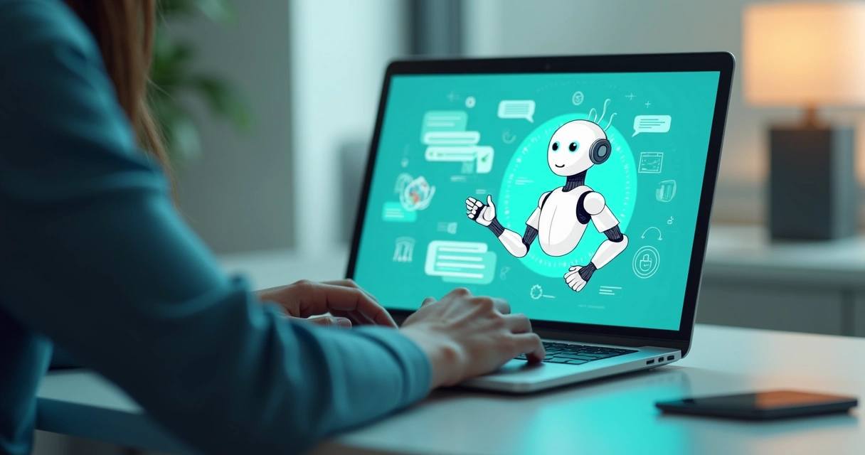 Chatbot digital conversando com cliente em um notebook 
