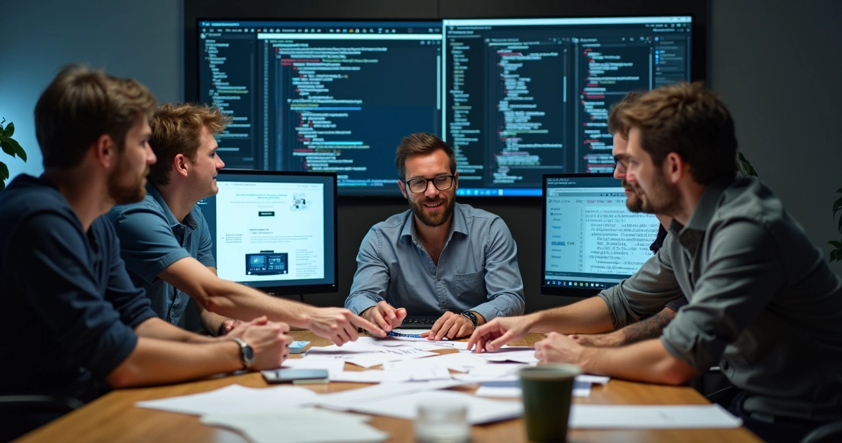 Equipe de desenvolvedores sêniores auxiliando startup com computadores 