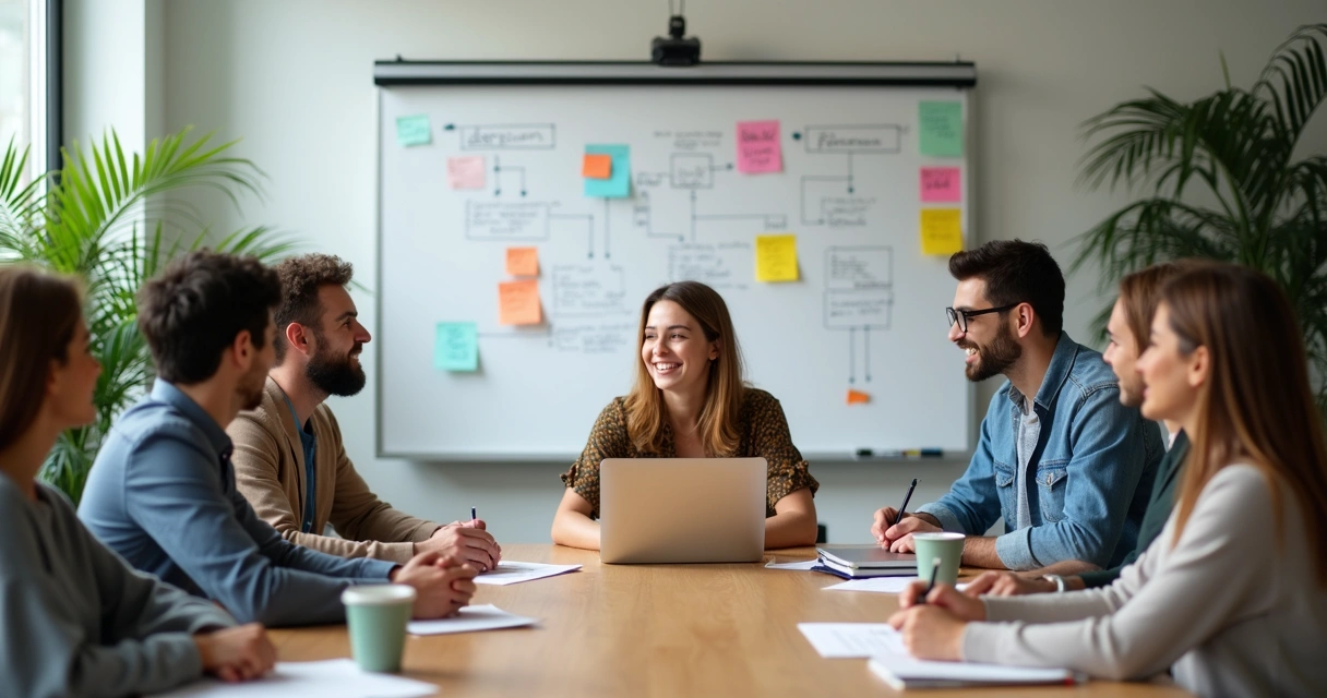 Equipe de startup em reunião descontraída com quadro branco 
