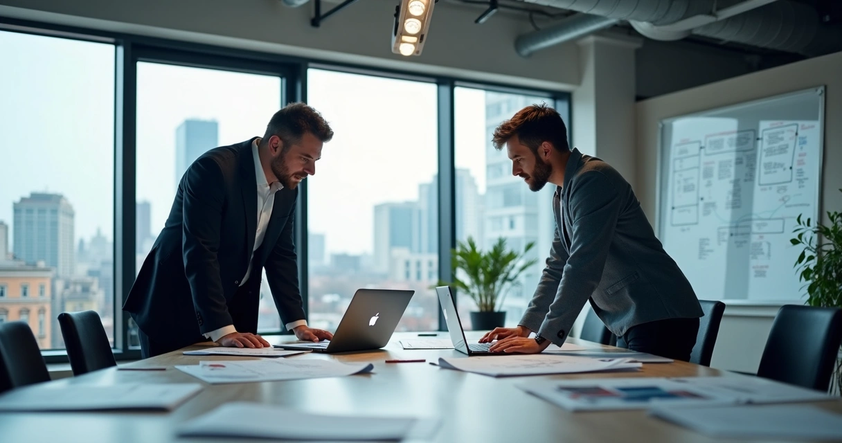 Fundador e sócio técnico planejando juntos em escritório de startup 