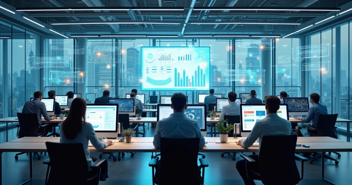 Sala de empresa com computadores e painéis mostrando dados de automação 