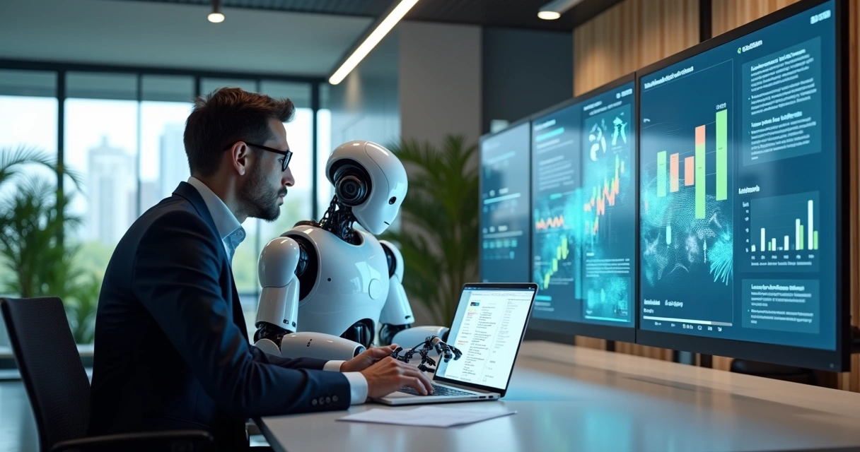 Robô ajudando humano em tarefas administrativas 