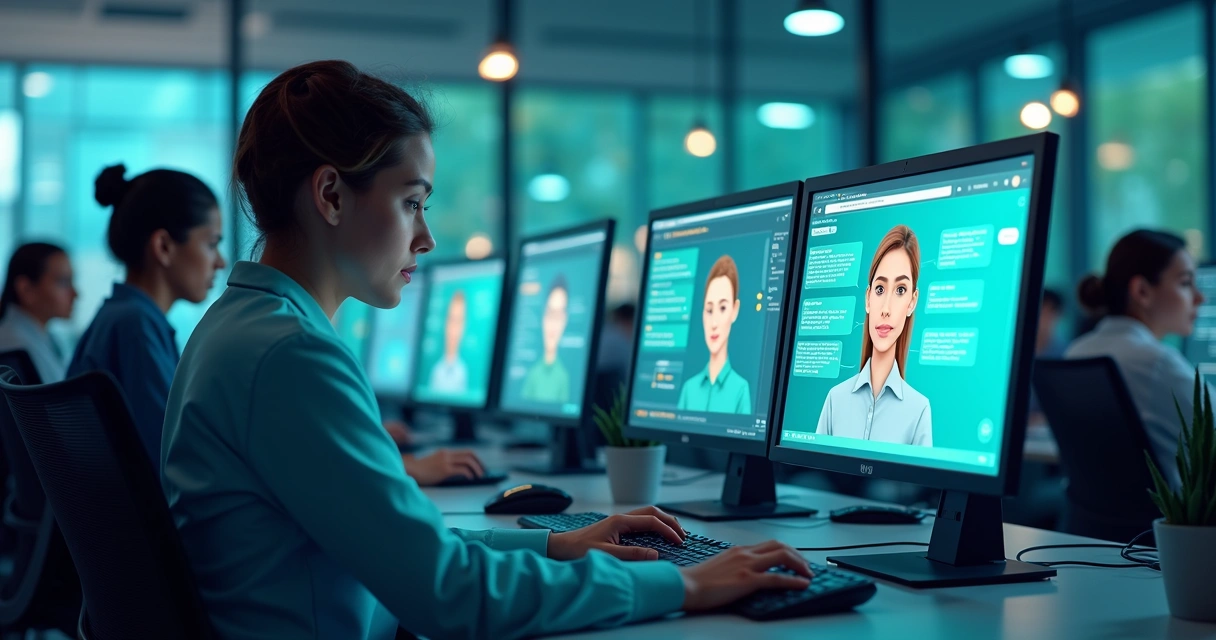 Chatbots atendendo clientes via chat em computadores 