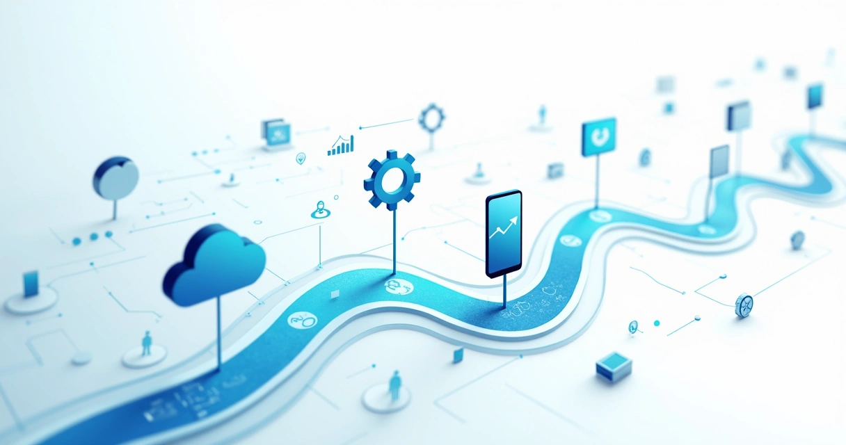 Fluxo digital com ícones de tecnologia interligados 