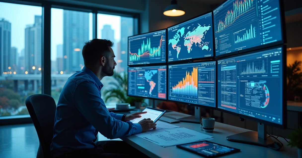 Profissional analisando gráficos de dados no computador em escritório moderno 