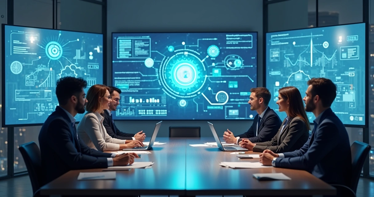 Equipe reunida em sala moderna analisando computadores conectados por gráficos digitais 