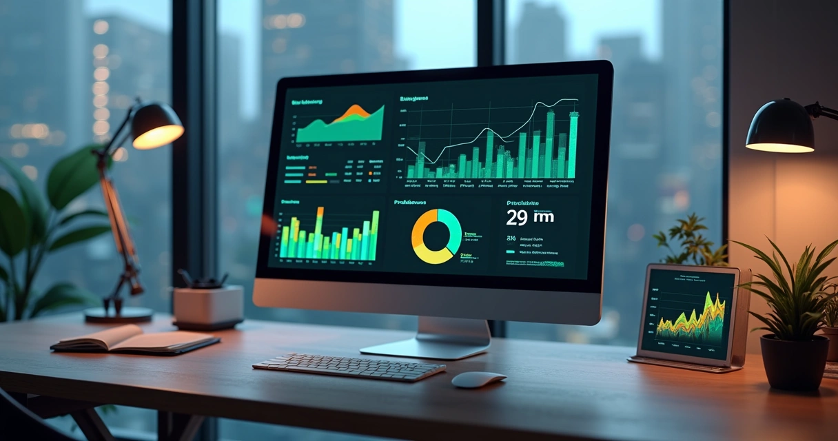 Tela de dashboard moderno com gráficos coloridos, analisando dados de empresa, luz suave 