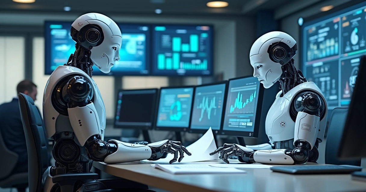 Robô analisando documentos e gráficos na mesa de escritório 