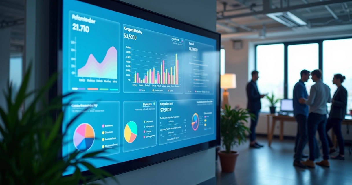 Painel digital com fluxos automatizados e gráficos de desempenho 