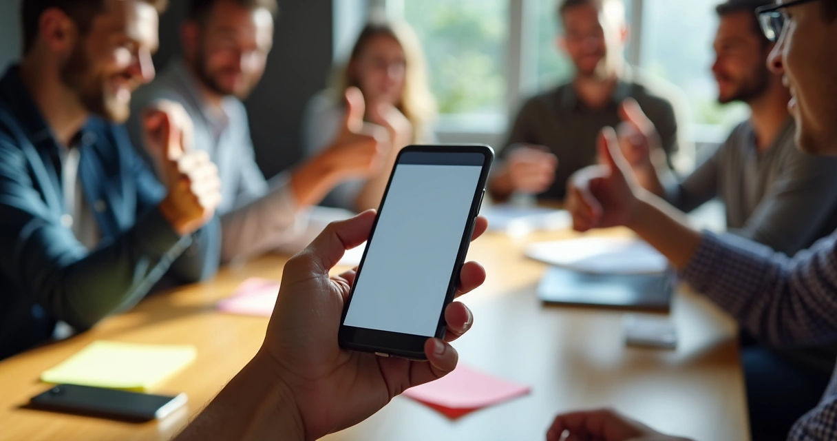 Protótipo de aplicativo em celular sendo apresentado a um grupo para feedback 