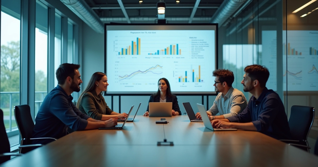 Equipe de startup apresentando ideia para grupo de investidores 