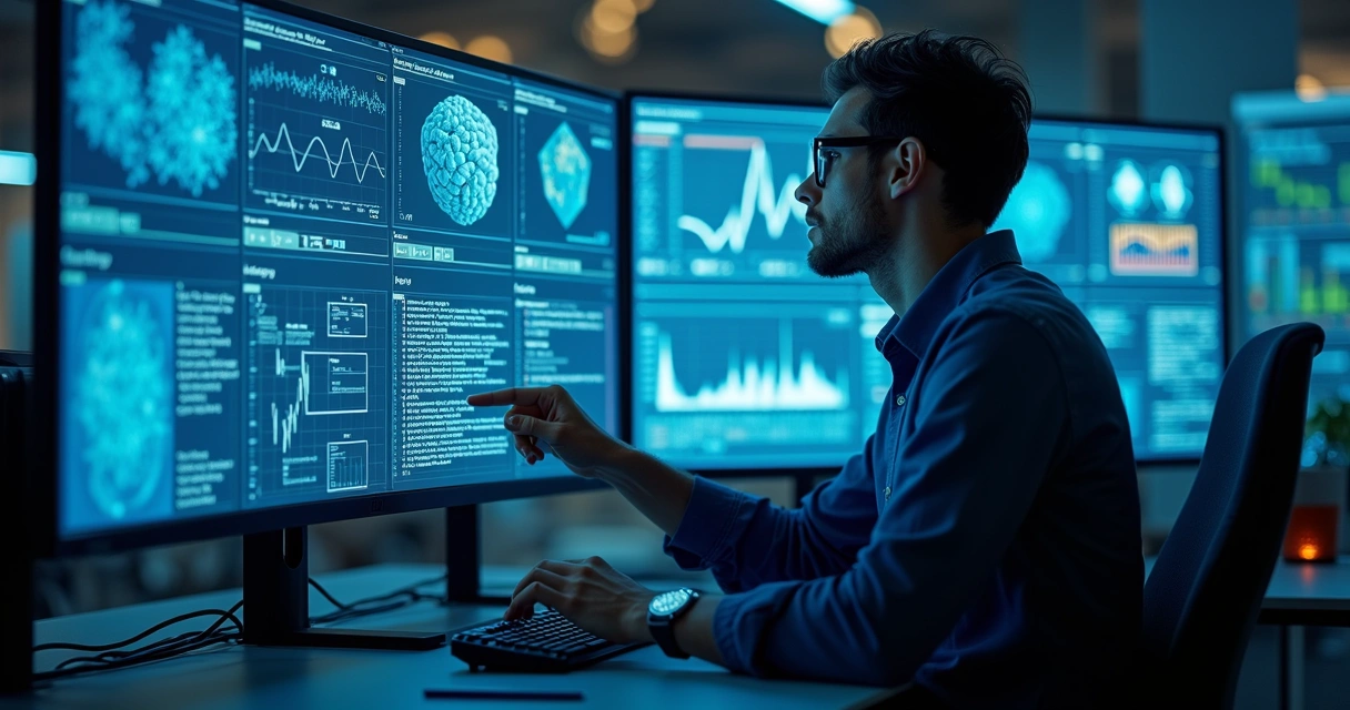 Analista ajustando modelo de inteligência artificial em tela 