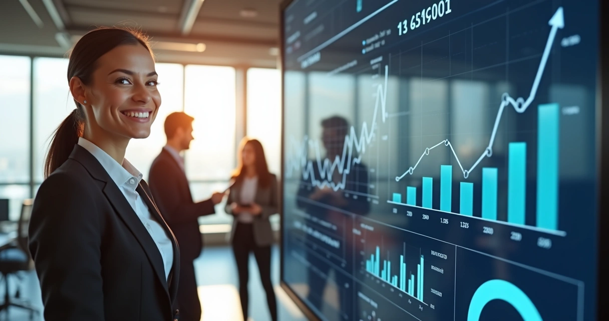 Gestora sorrindo à frente de um dashboard de resultados positivos com gráficos ascendentes 