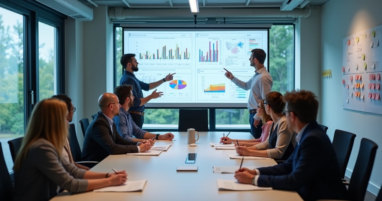 Equipe reunida analisando gráficos e dados em telas na sala de reunião 