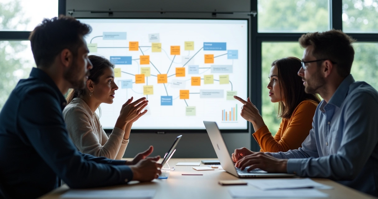 Equipe reunida analisando um fluxo automatizado 