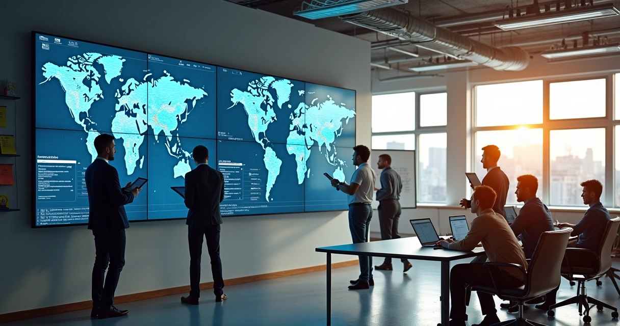 Equipe de startup multinacional colaborando com tecnologia em ambiente moderno 