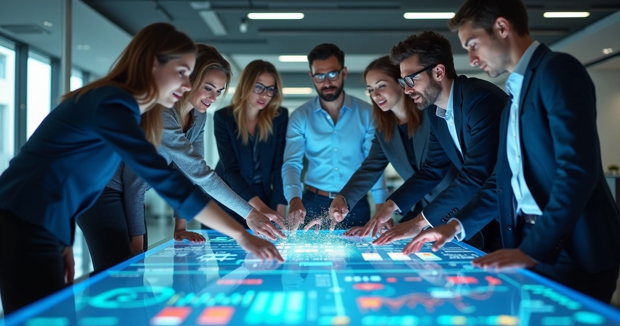 Equipe de negócios reunida em sala moderna analisando gráficos digitais 
