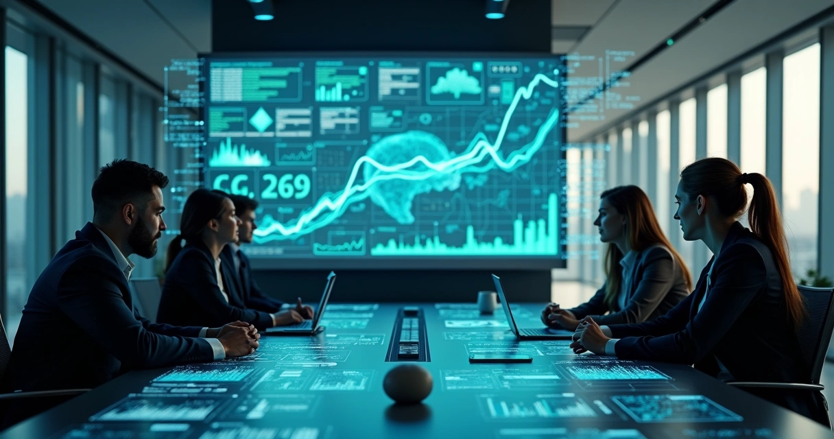 Equipe reunida analisando gráficos digitais em telão 