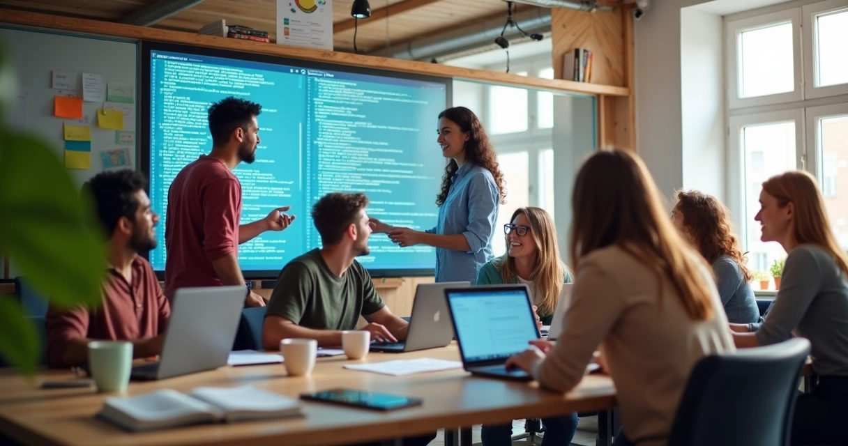 Desenvolvedores colaborando em aprendizado contínuo 