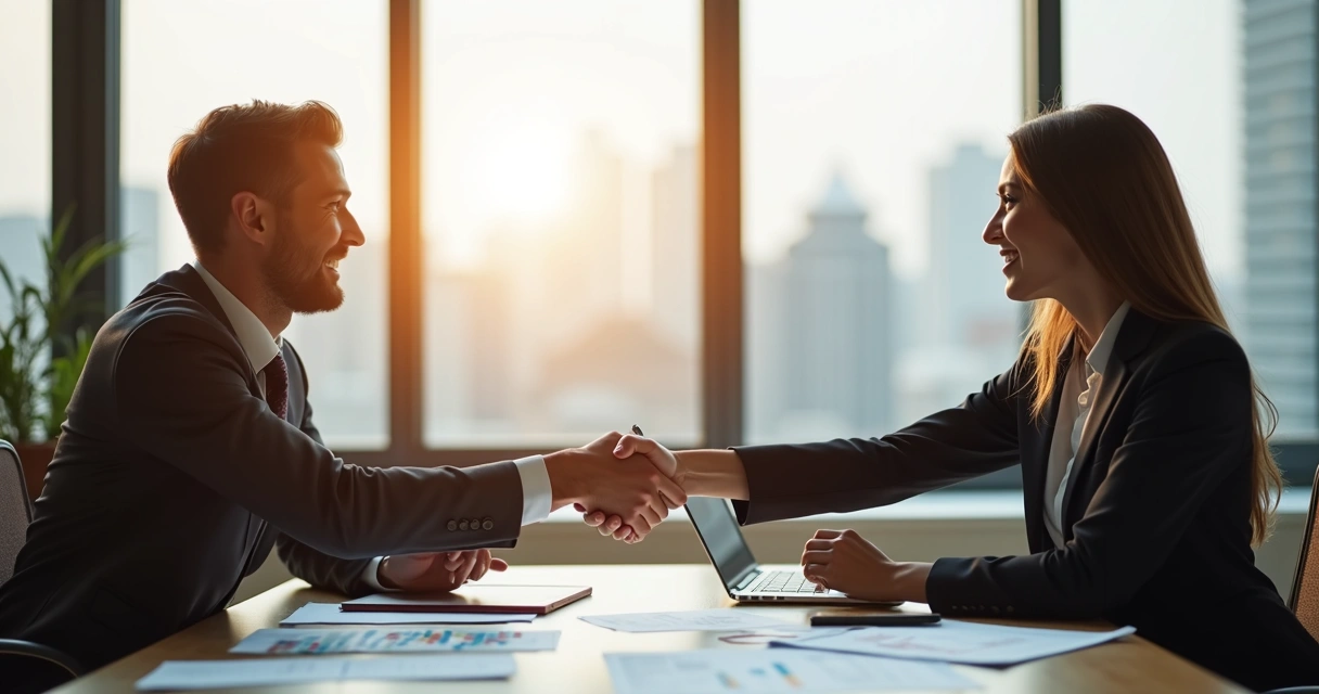 Dois empresários apertando as mãos após negociação de investimento 