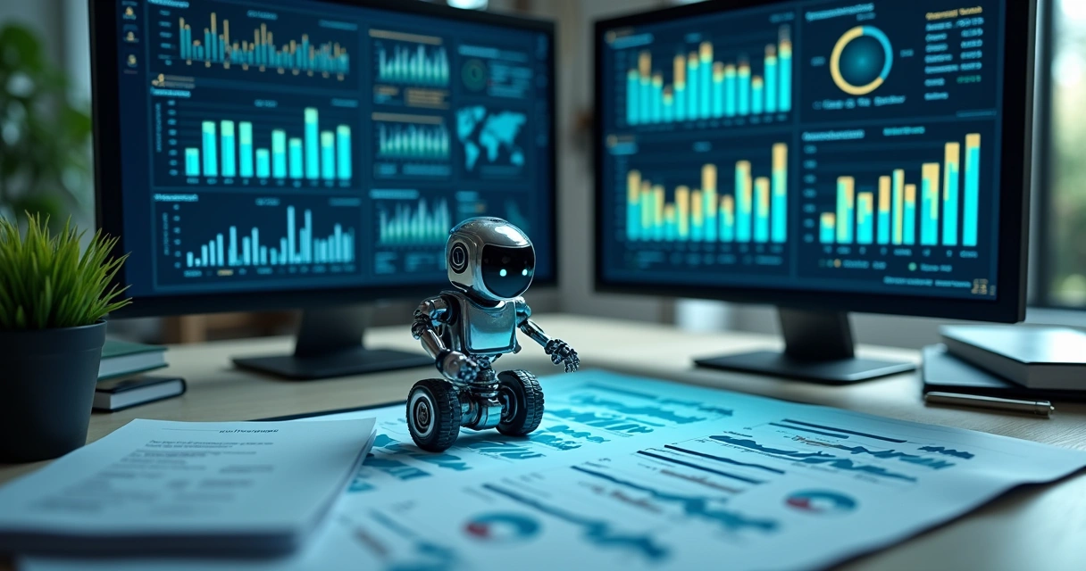 Plataforma financeira com gráficos automáticos e robô processando dados 
