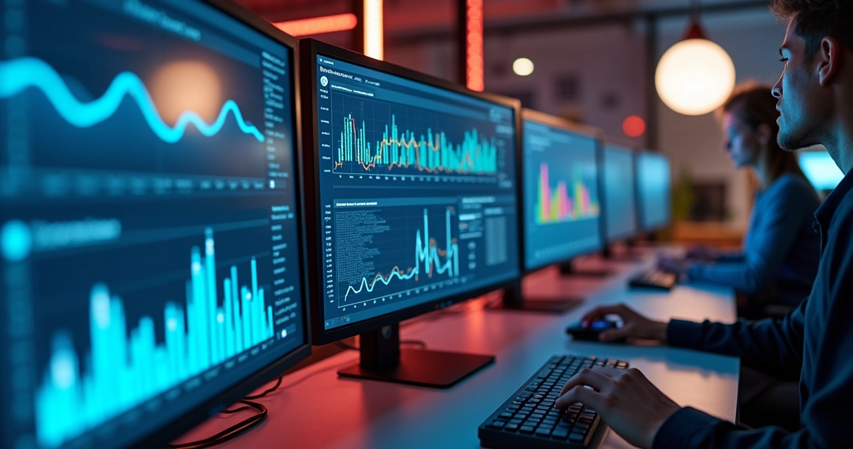 Dashboards de métricas digitais em telas de computador 