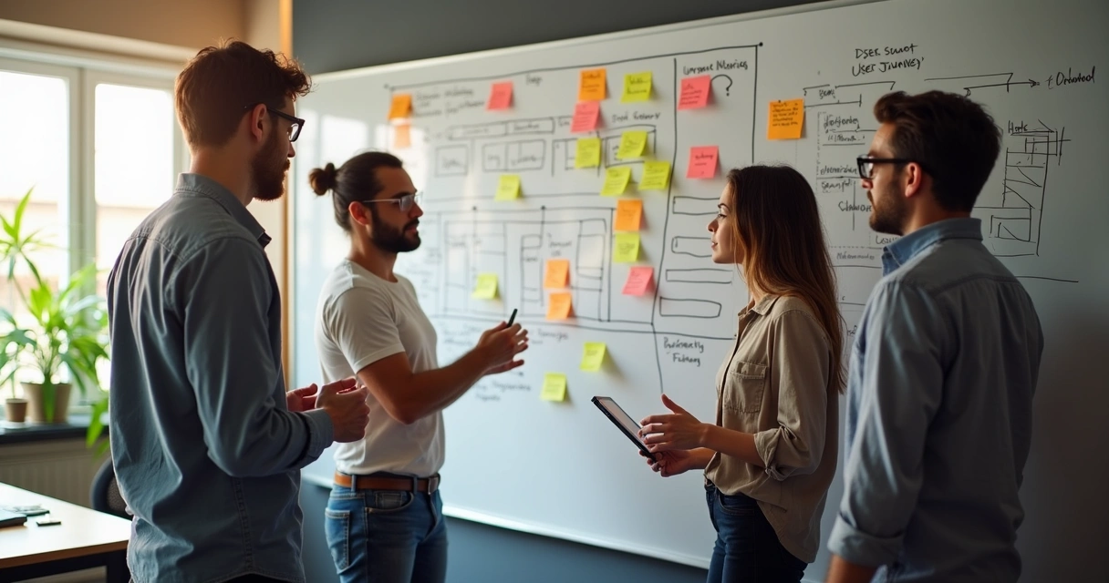 Mapeamento da jornada do usuário em uma parede com post-its e fluxogramas