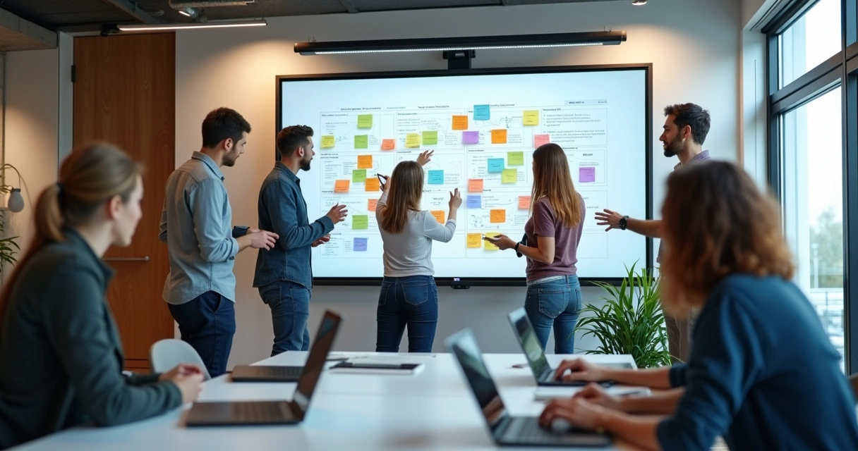 Quadro branco de roadmap digital sendo atualizado por equipe 