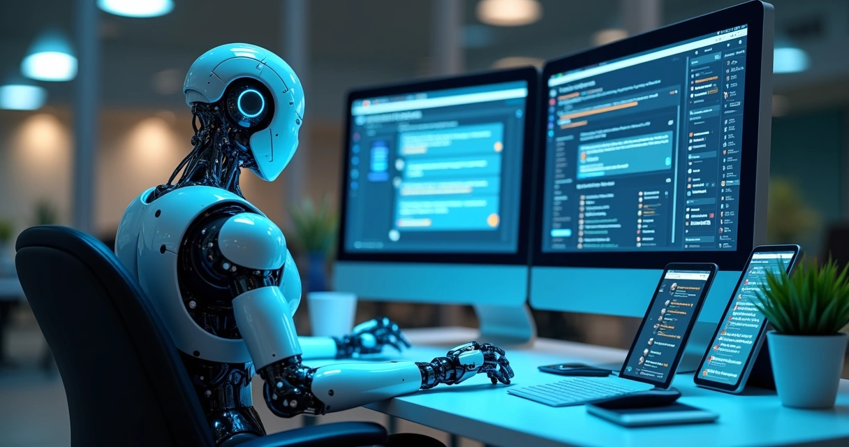Chatbot em mesa de atendimento virtual interagindo com clientes via múltiplos canais digitais 