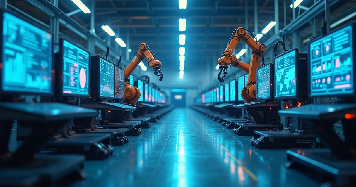 Visão ampla de fábrica moderna com robôs industriais e telas de dados em tempo real 