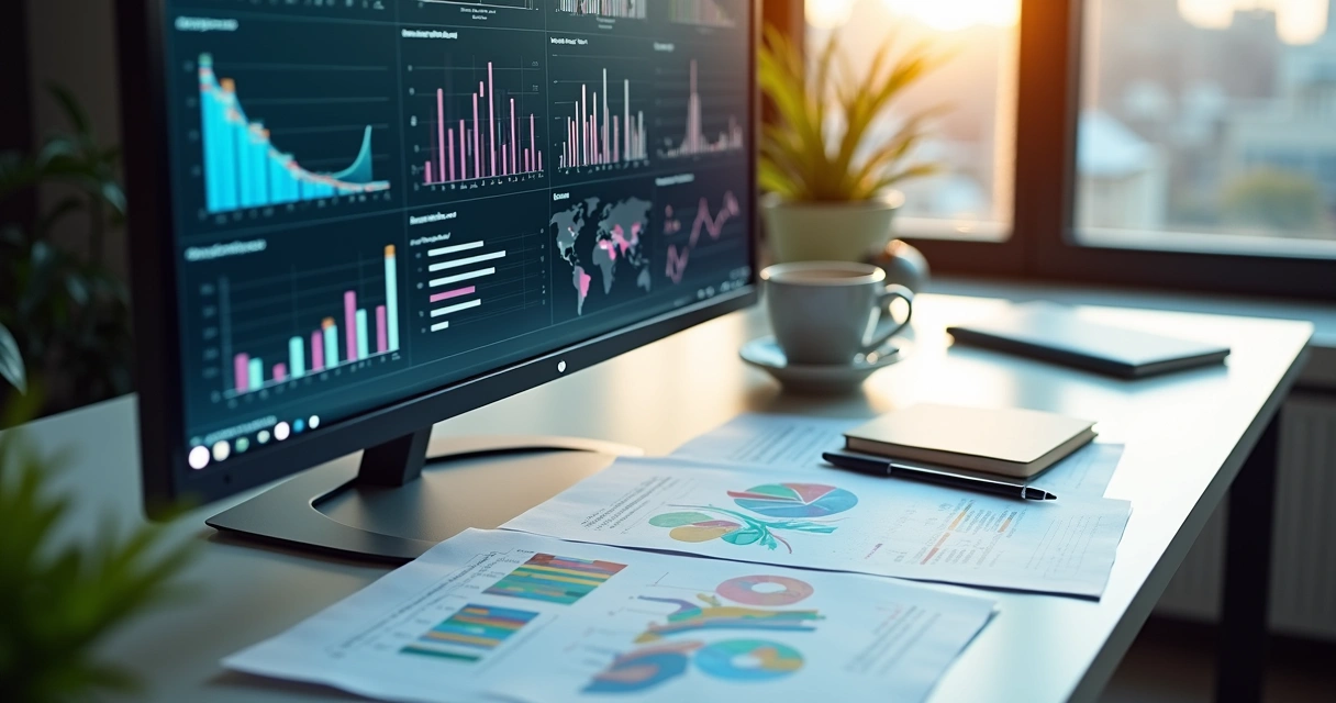 Indicadores e gráficos reunidos em tela de computador 