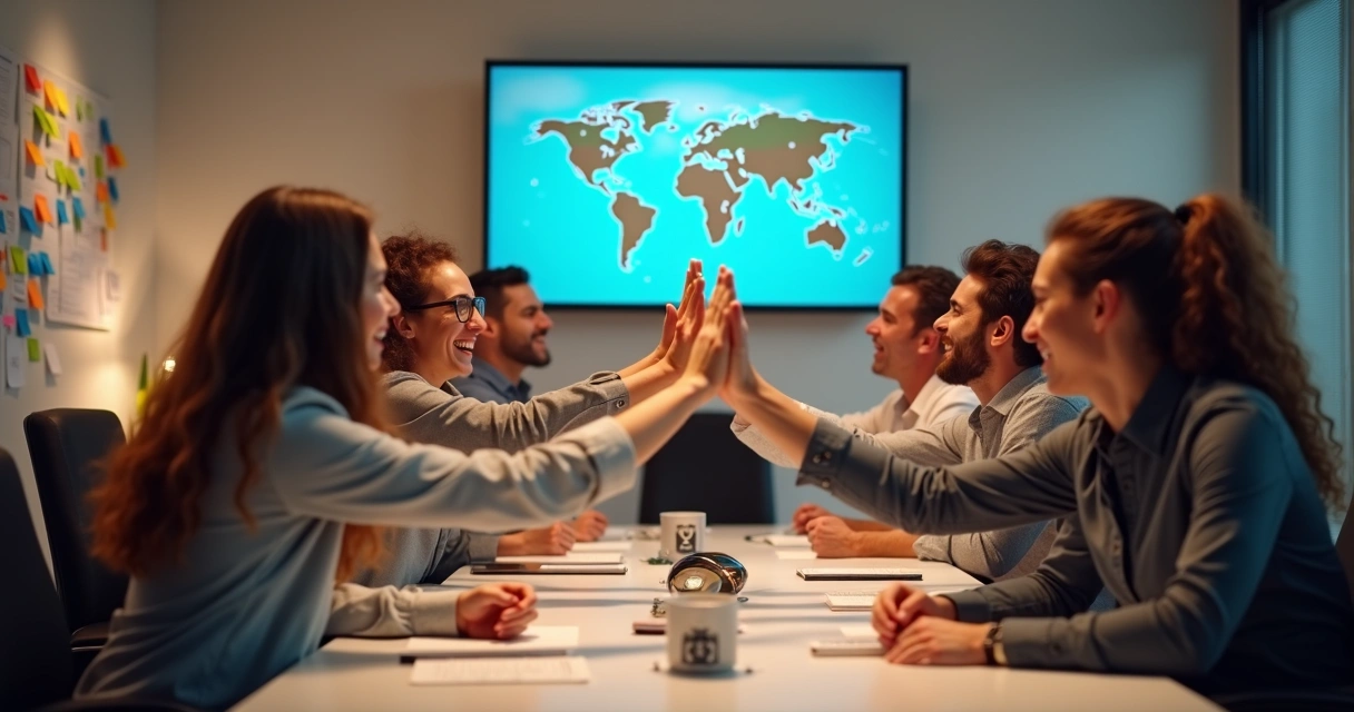Equipe de startup celebrando ao redor de uma mesa de reunião 