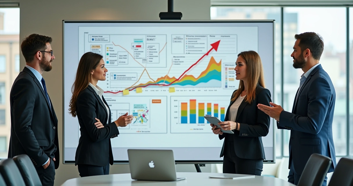 Equipe de projeto analisando gráficos de risco na parede 