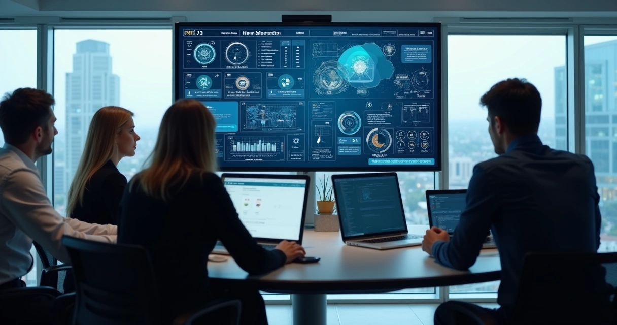 Integração de agentes digitais a dashboards de ERP em escritório corporativo moderno 